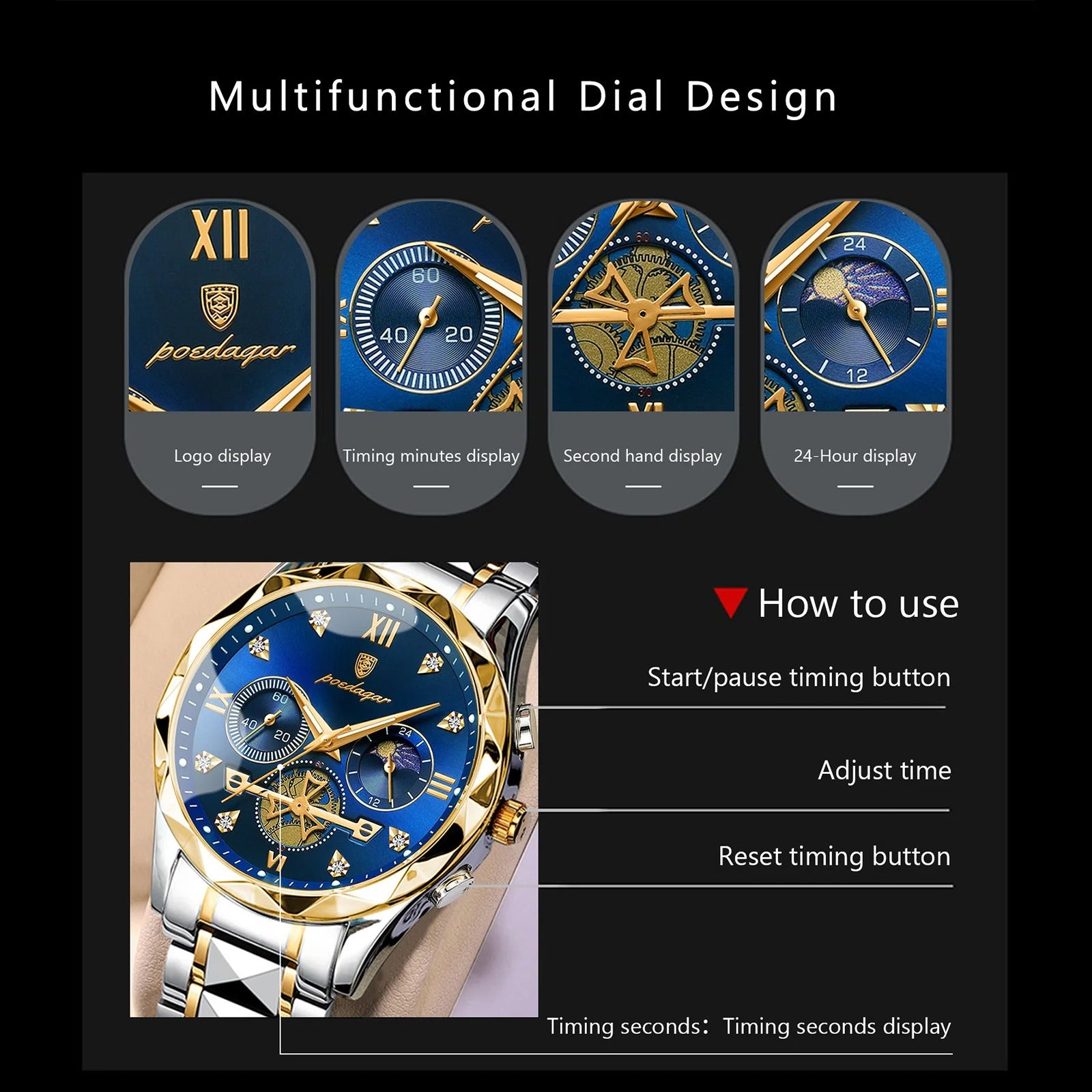POEDAGAR Luxury Stainless Steel Men's Wristwatch